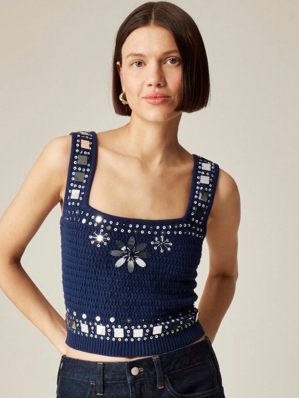 J. Crew Embellished Navy Knit Tank Top - size medium